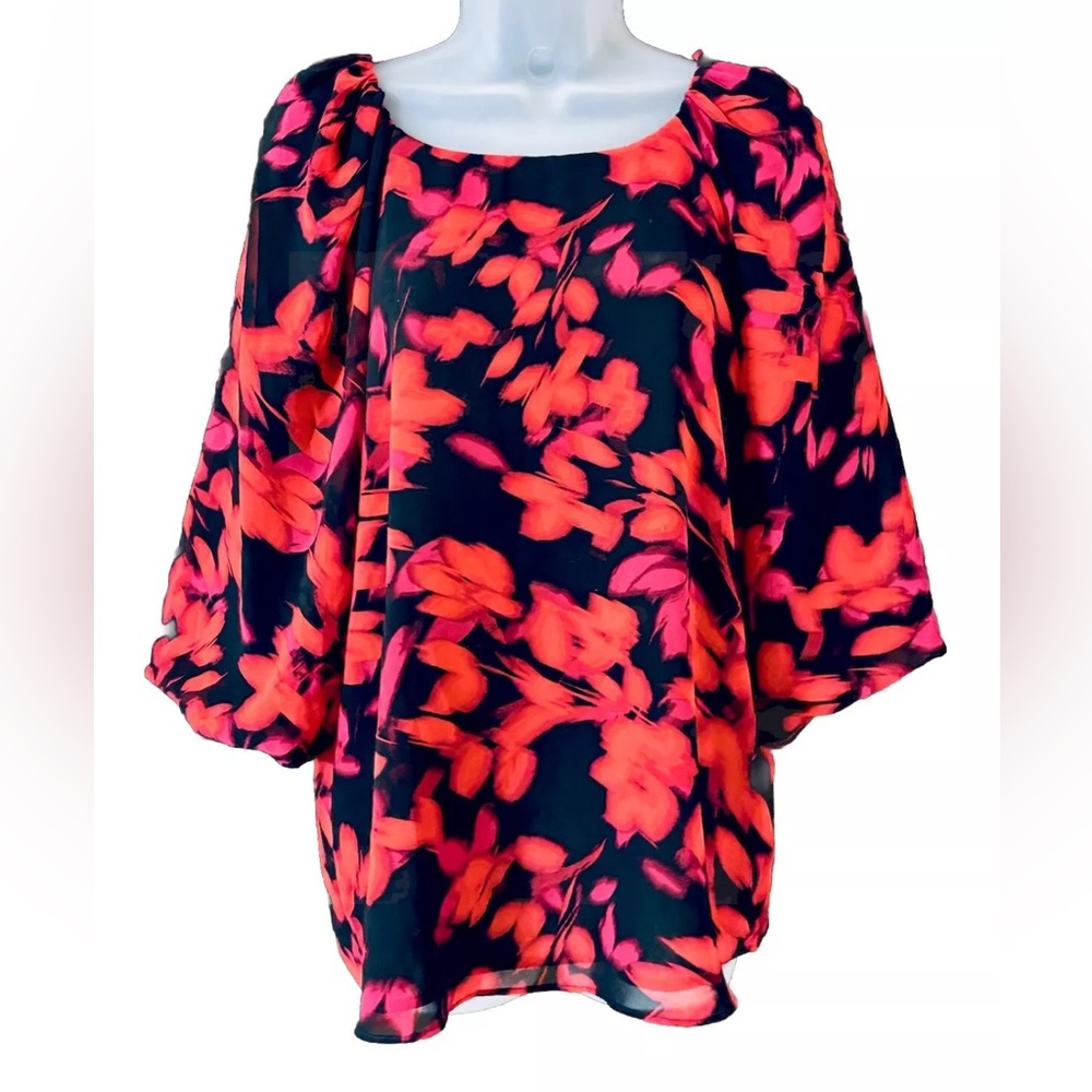 CALVIN KLEIN Women’s Top Blouse Size M Black Red Floral Puff Sleeve Career